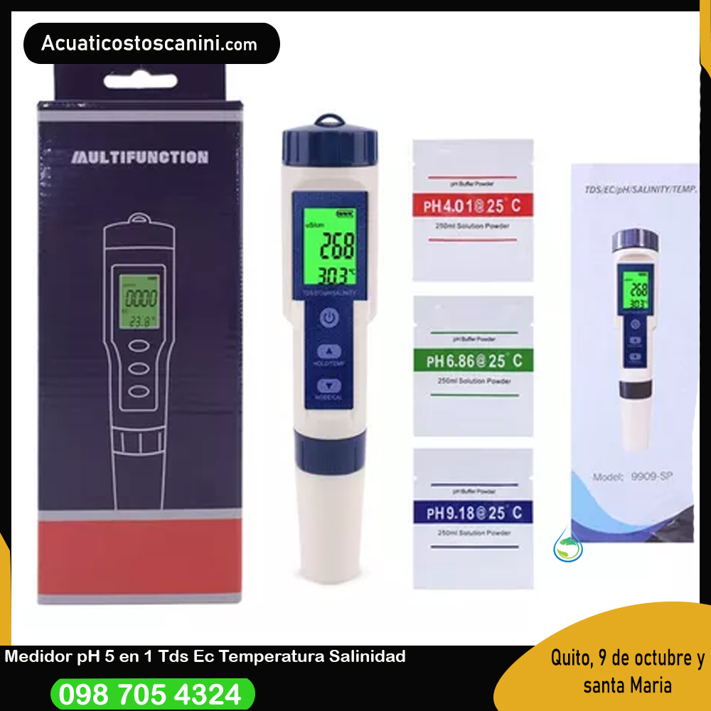 Tester Ph / Ec / Tds /T / Sal Digital Doble Decimal Medidor de pH Doble Decimal 0.00-14.00 pH 5 en 1
