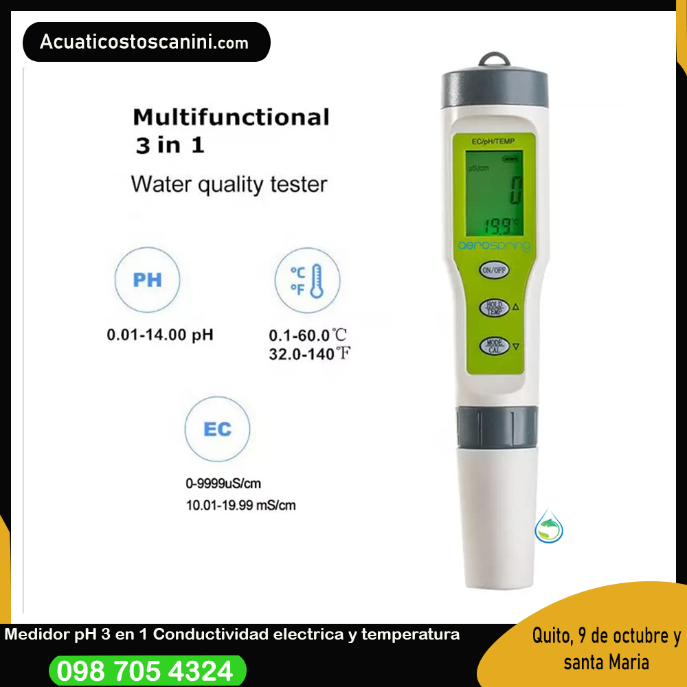 Tester Ph / Ec / T Digital Doble Decimal Pehachímetro 0-14 para soluciones