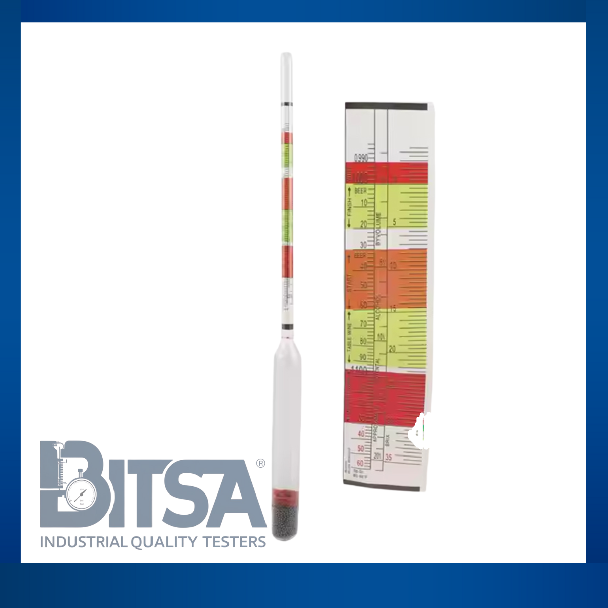 Densimetro triple escala brix 35%, Alcohol 22%% y Gravedad especifica 0.990-1.160