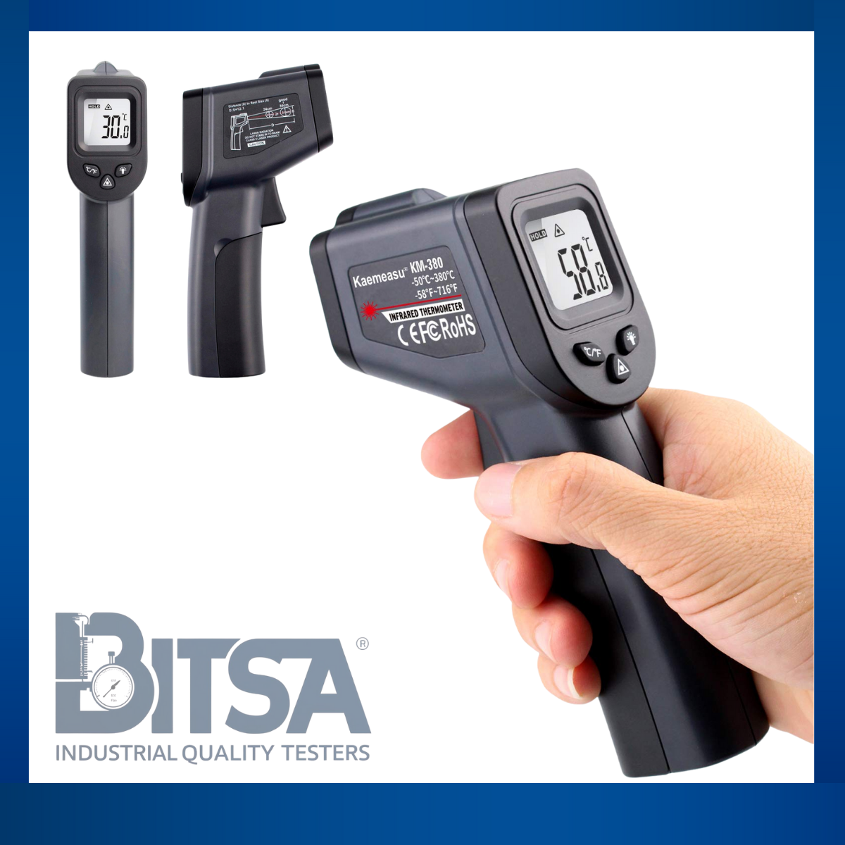 Termómetro Digital Industrial Infrarrojo -50 a 1300 grados Celsius Fharenheit para superficies frías calientes