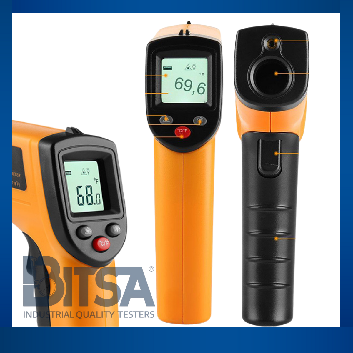 Termómetro Benetech Industrial Infrarrojo -50 a 450 grados Celsius Fharenheit para superficies acero metal