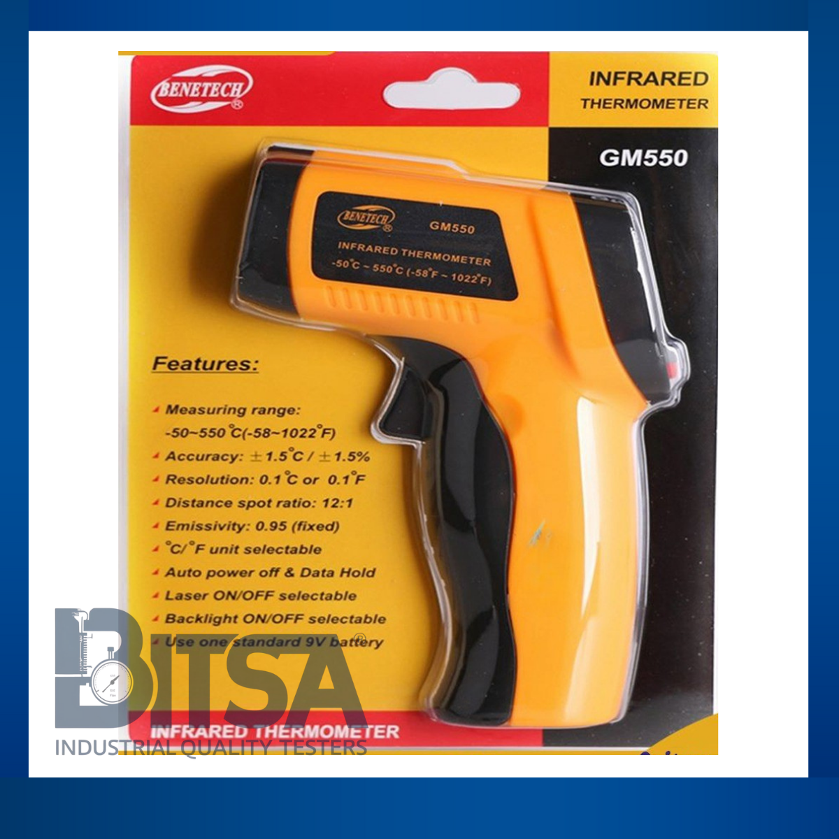 Termómetro Industrial Digital Láser Dual -50 a 550 Grados Celsius Fharenheit para superficies frías y calientes