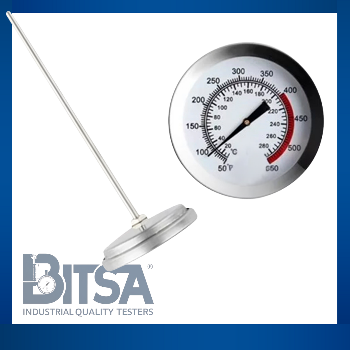 Termómetro de acero inoxidable con Sonda 40 Cm lectura 0-280 grados Celsius Fharenheit