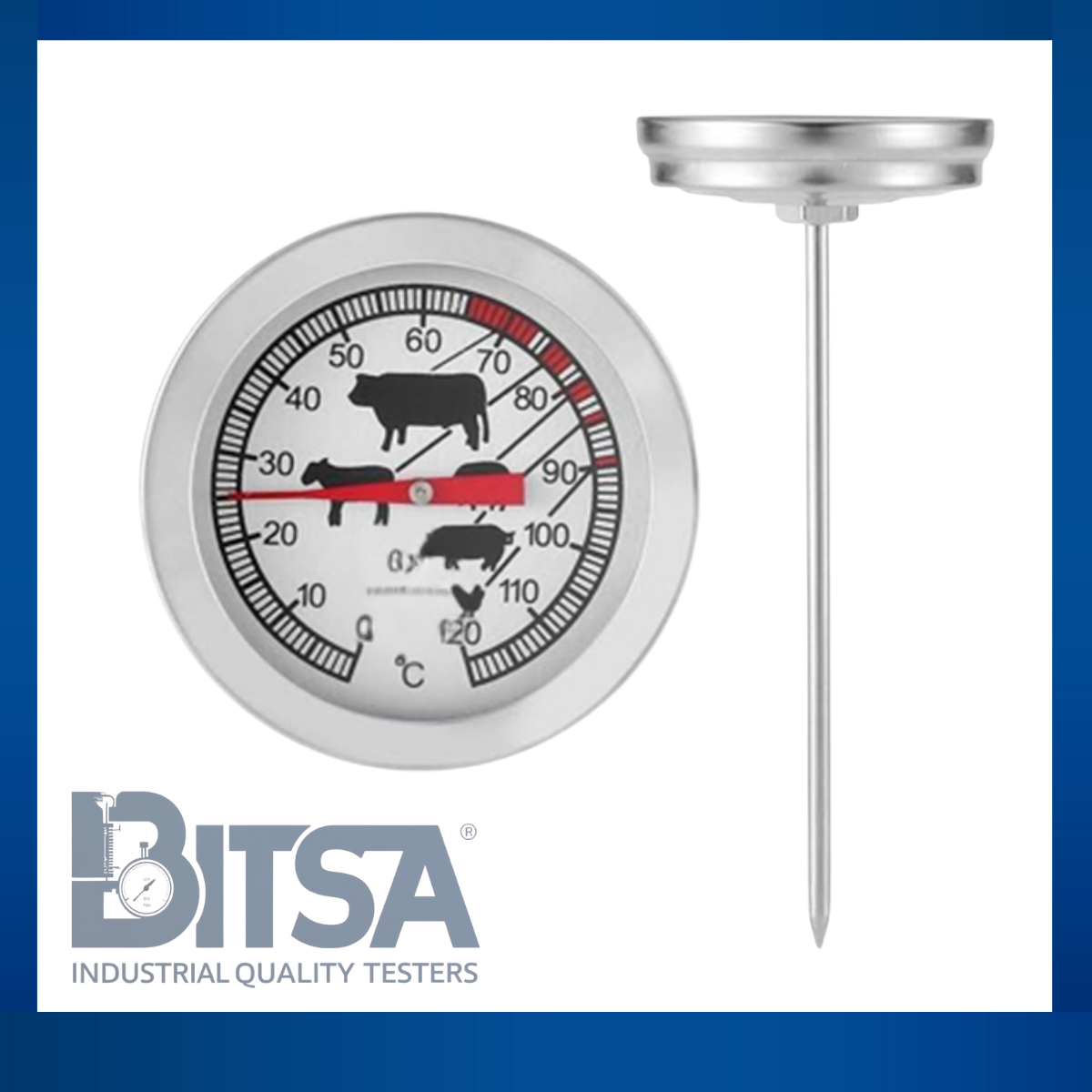 Termómetro acero inoxidable sonda 11 cm lectura 0-120 grados celsius
