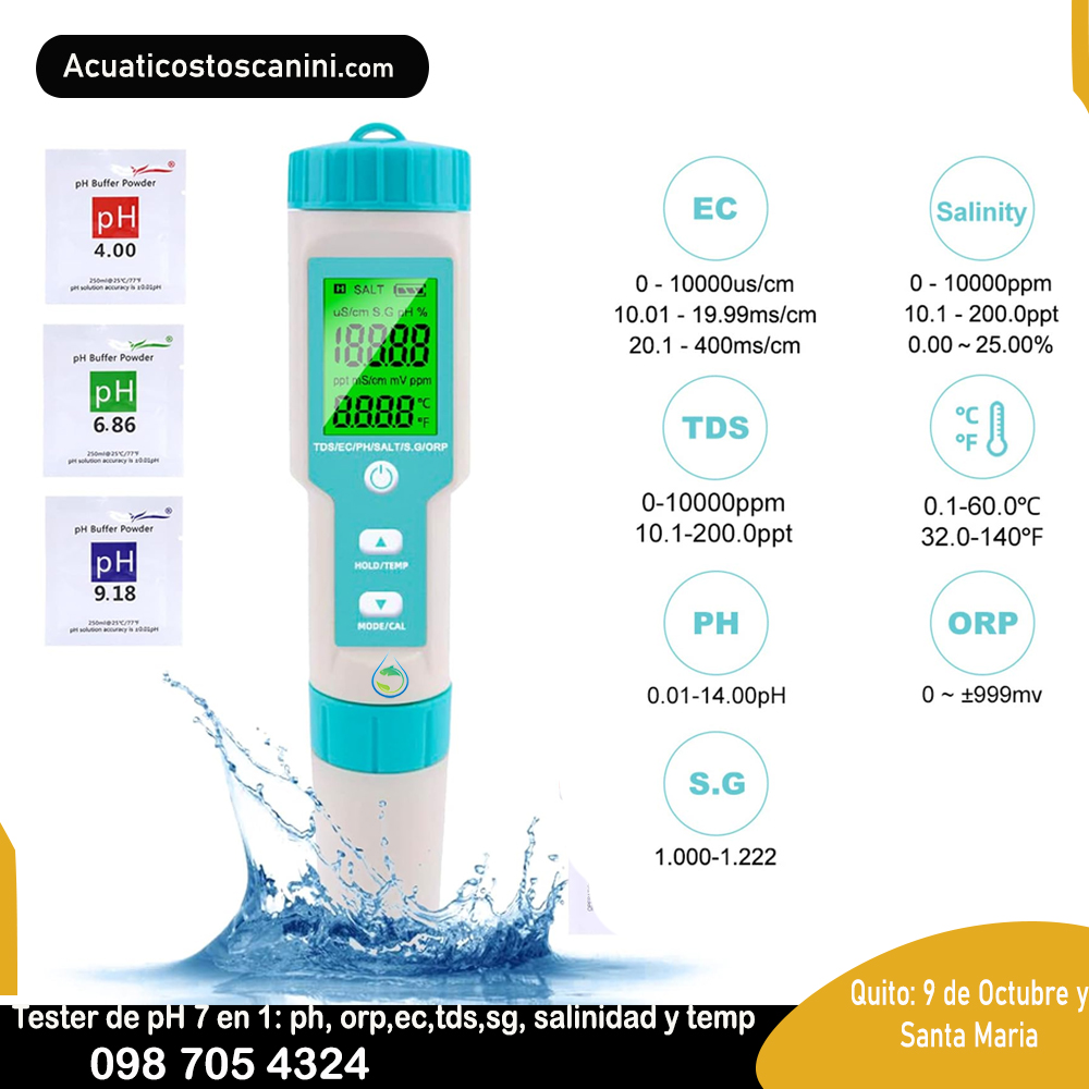 Tester Ph / Ec / Tds /T / Sal /Sg /Orp Digital Doble Decimal ph metro Inalámbrico 7 en 1