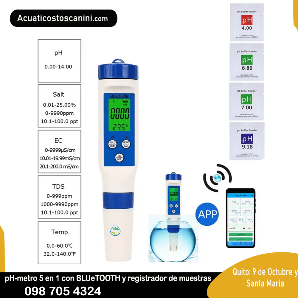 Tester Ble Ph / Ec / Tds /T / Sal Digital Doble Decimal Medidor de pH Inalámbrico